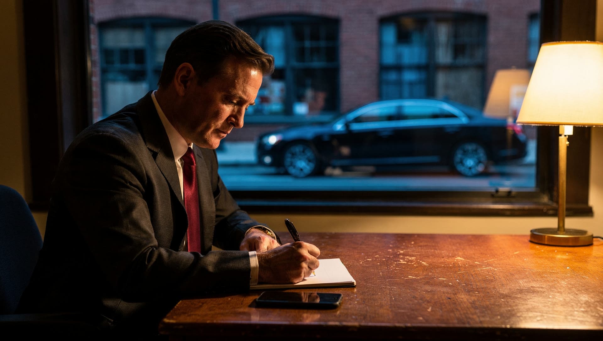 A man in a dark suit and red tie sits at a lamplit desk writing up a trip on a notepad beside a phone, a black sedan visible through the window in the blue light of dusk.