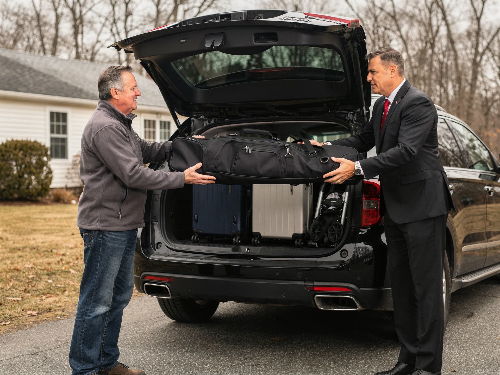 A homeowner handing a golf travel bag to a chauffeur at an open tailgate, two hard cases already in the load space.