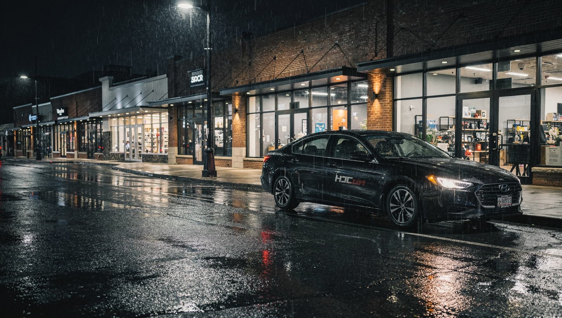 A car at a lit retail corridor curb in Salem, New Hampshire at night, wet asphalt carrying the reflections.