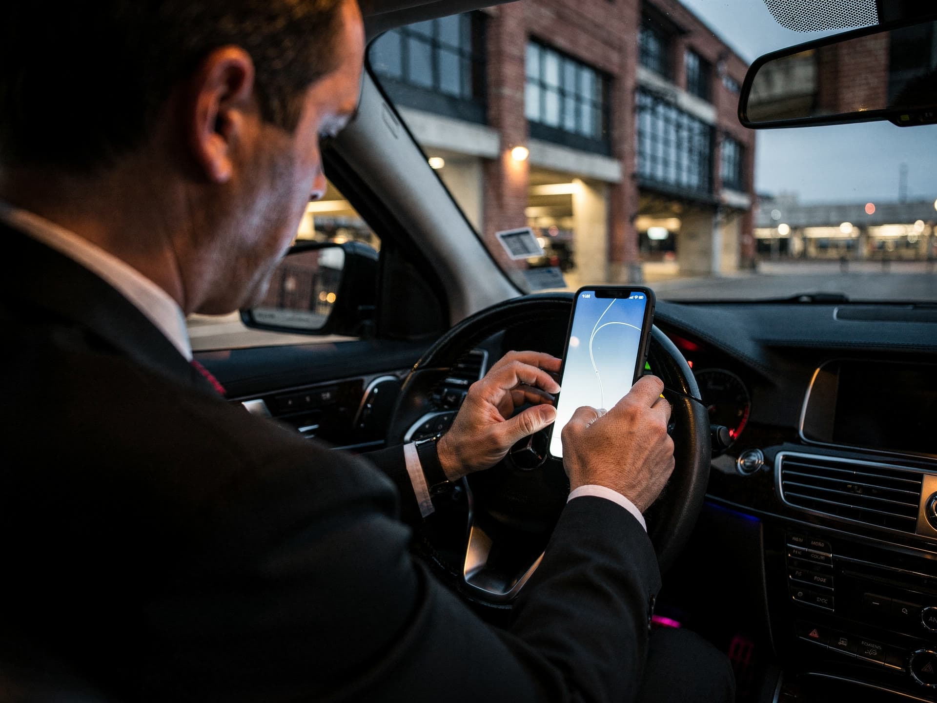 A chauffeur's phone propped at the steering wheel showing a flight tracking map, terminal glass out of focus through the windshield.
