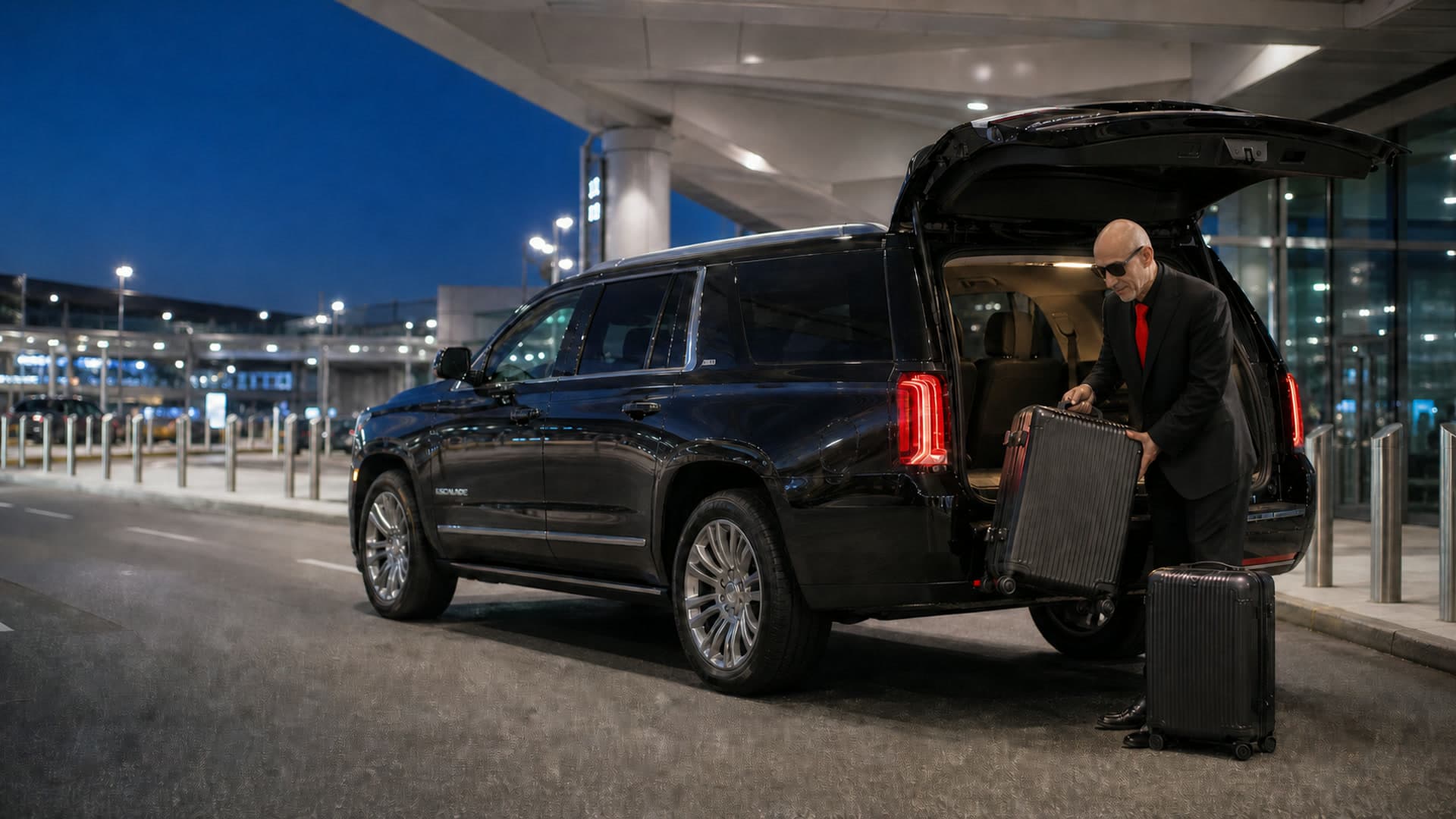 Hanna Elkhoury unloading hard-shell luggage from a black Cadillac Escalade at the Logan Airport terminal curb