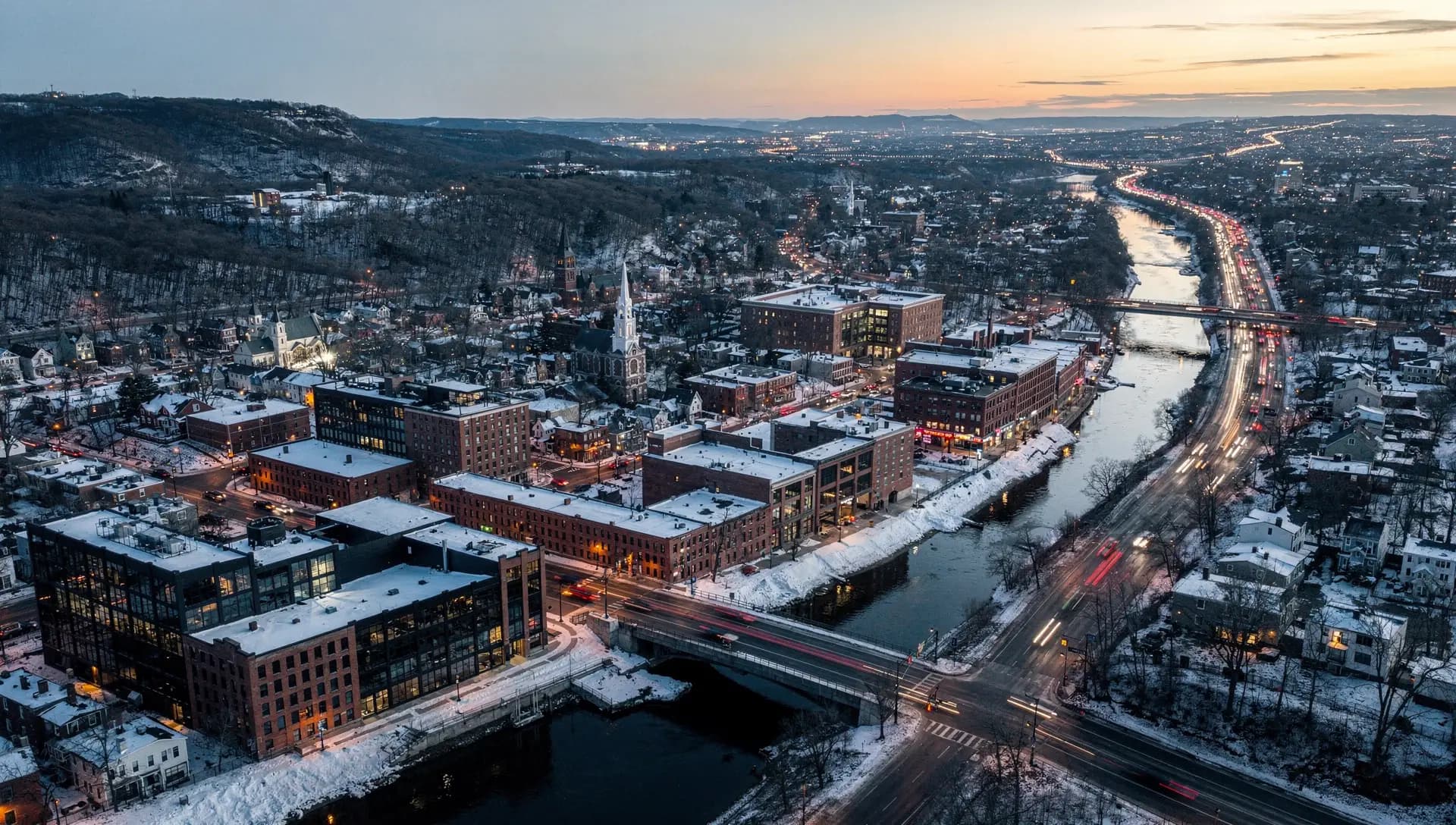 The Merrimack Valley corridor at dusk, the route between the valley towns and Boston