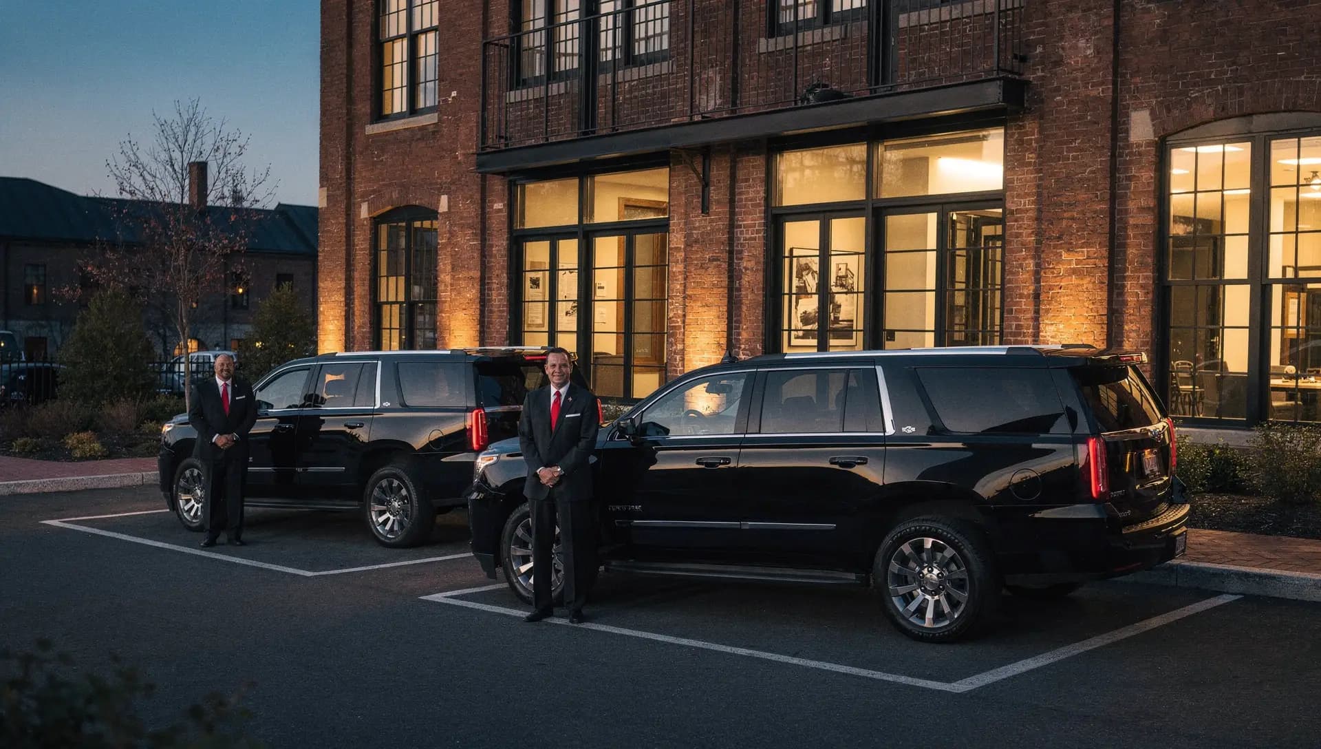 Two chauffeurs in black suits and red ties beside black SUVs staged outside a converted brick mill office at dusk