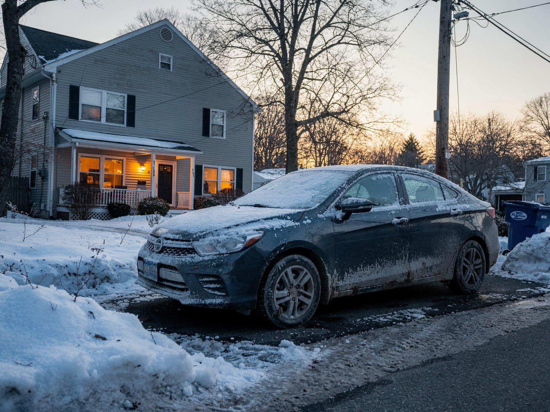 A private car parked in a suburban driveway at dawn with frost on the windshield and one house light just switched on.