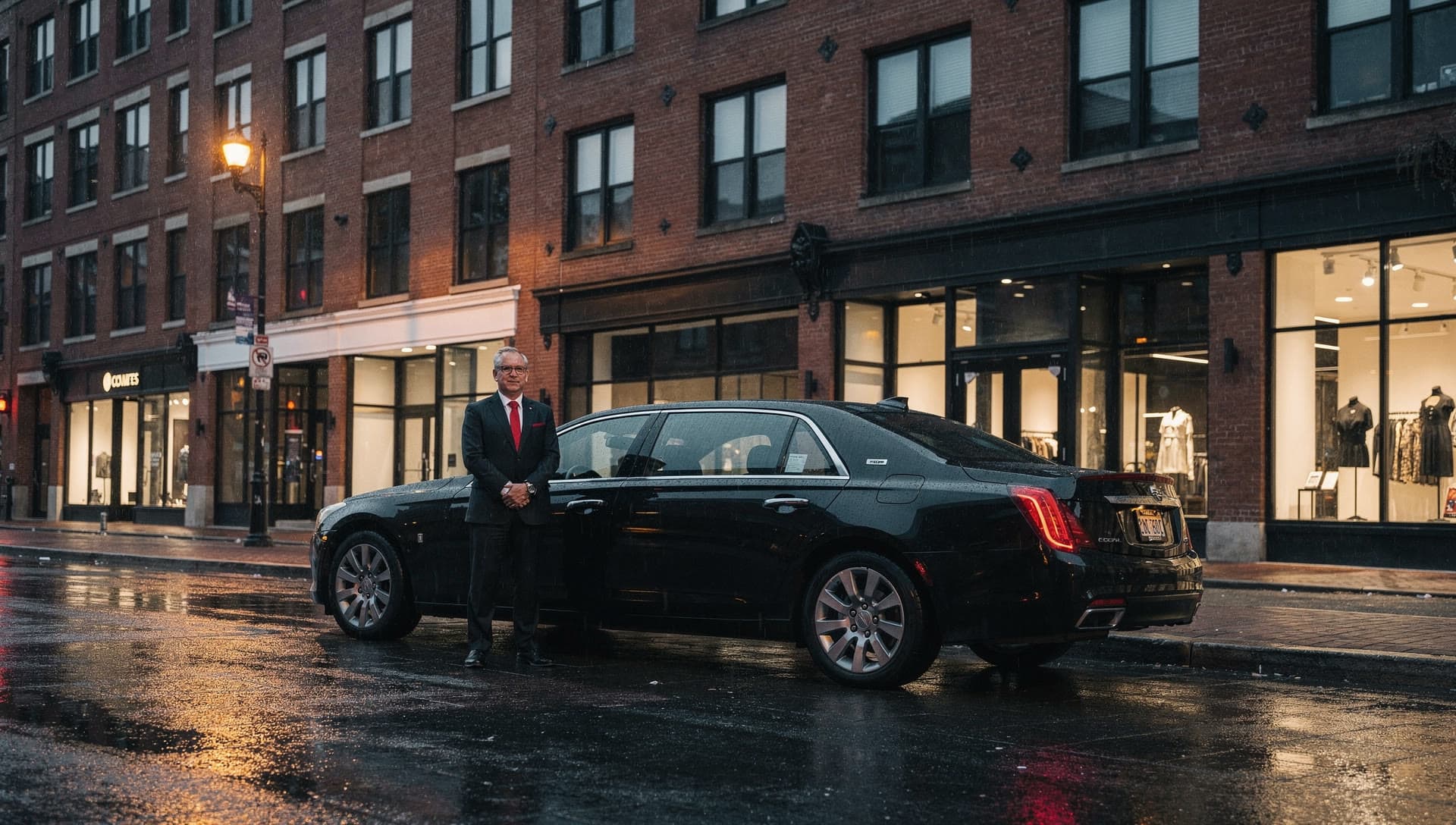 A chauffeur waiting beside a black sedan at a rain wet downtown curb, shopfront light on the road.