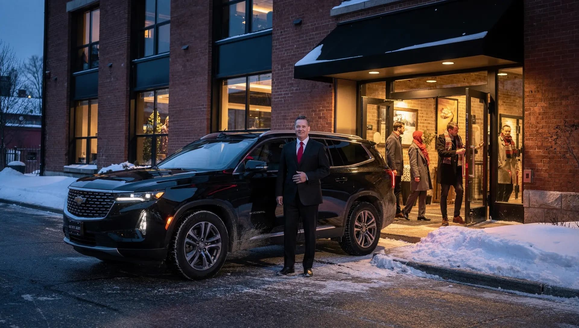 A chauffeur beside a black SUV at the curb at blue hour as guests reach a lit brick restaurant entrance