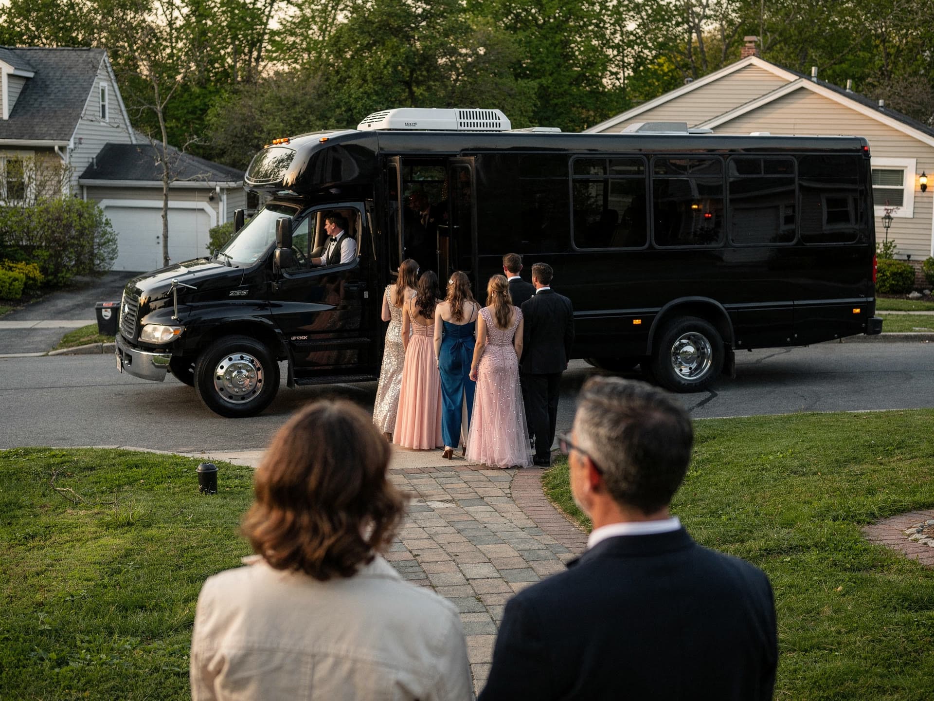 A group of teenagers in formal wear boarding a party bus from a residential driveway in the evening while two parents watch from the front walk.