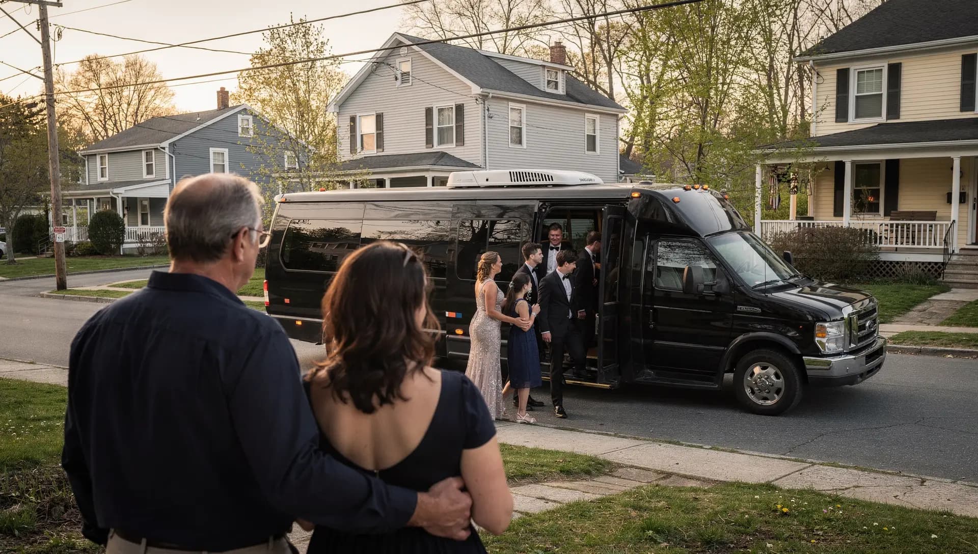 Two parents watching from their lawn as teenagers in formalwear board a black party bus