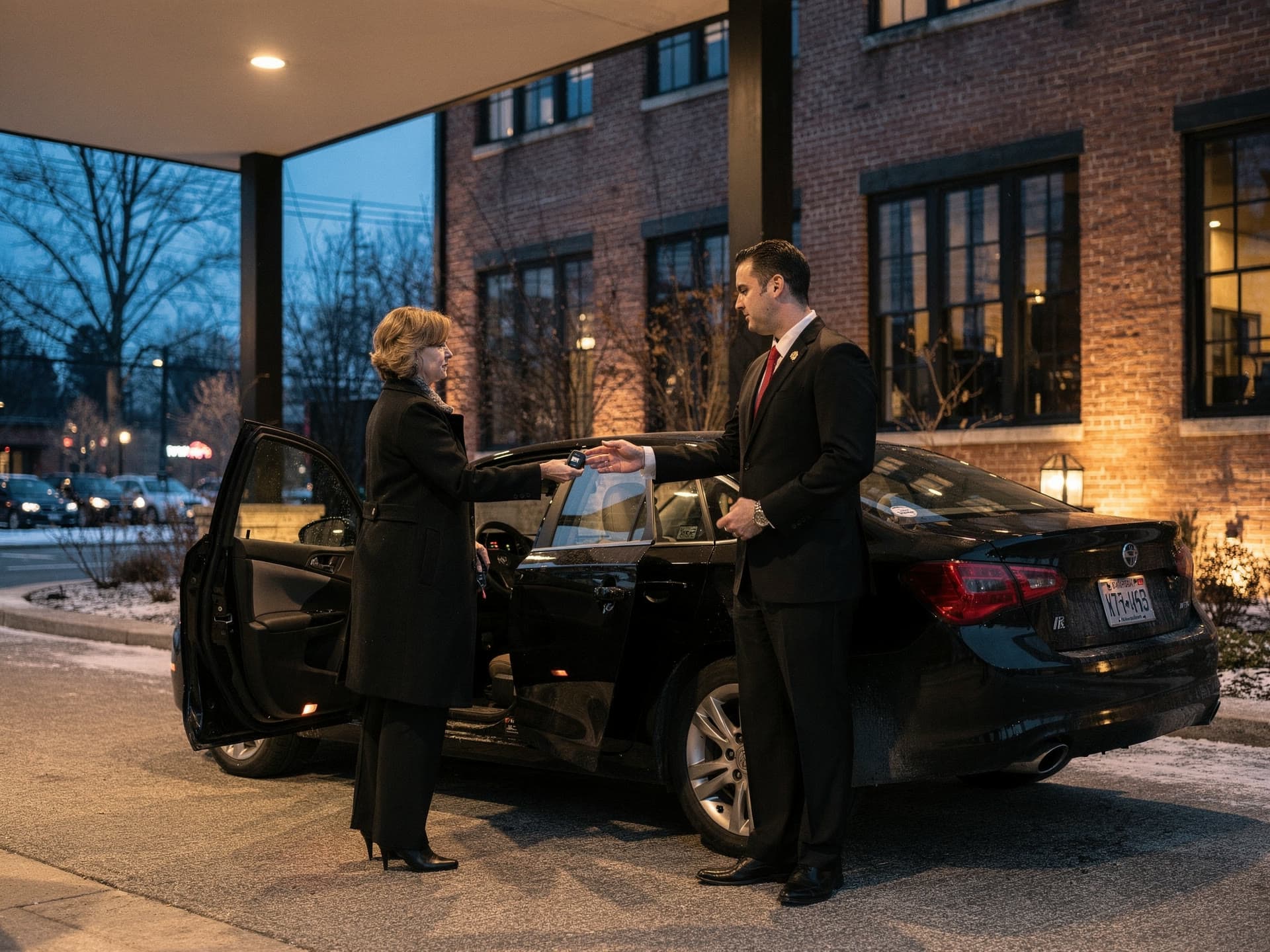A valet attendant taking keys from a guest at the door of her own car under a lit canopy in the evening.