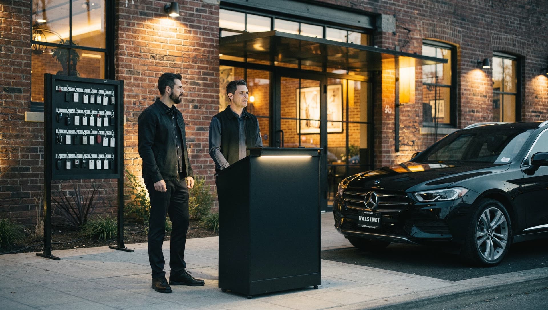 A lit valet podium and key board outside a restaurant entrance at dusk with two attendants in black.
