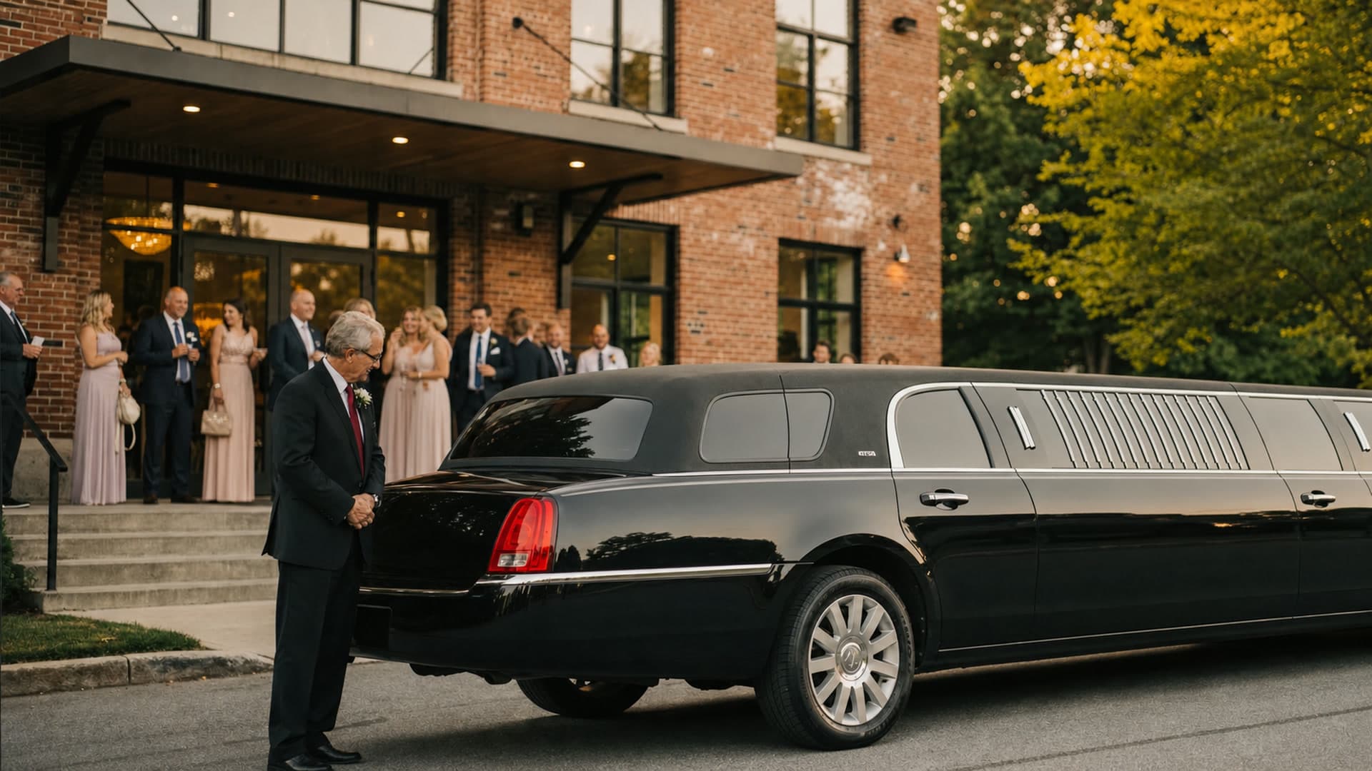 A bride and groom stepping into a black stretch limousine under a venue entrance at golden hour