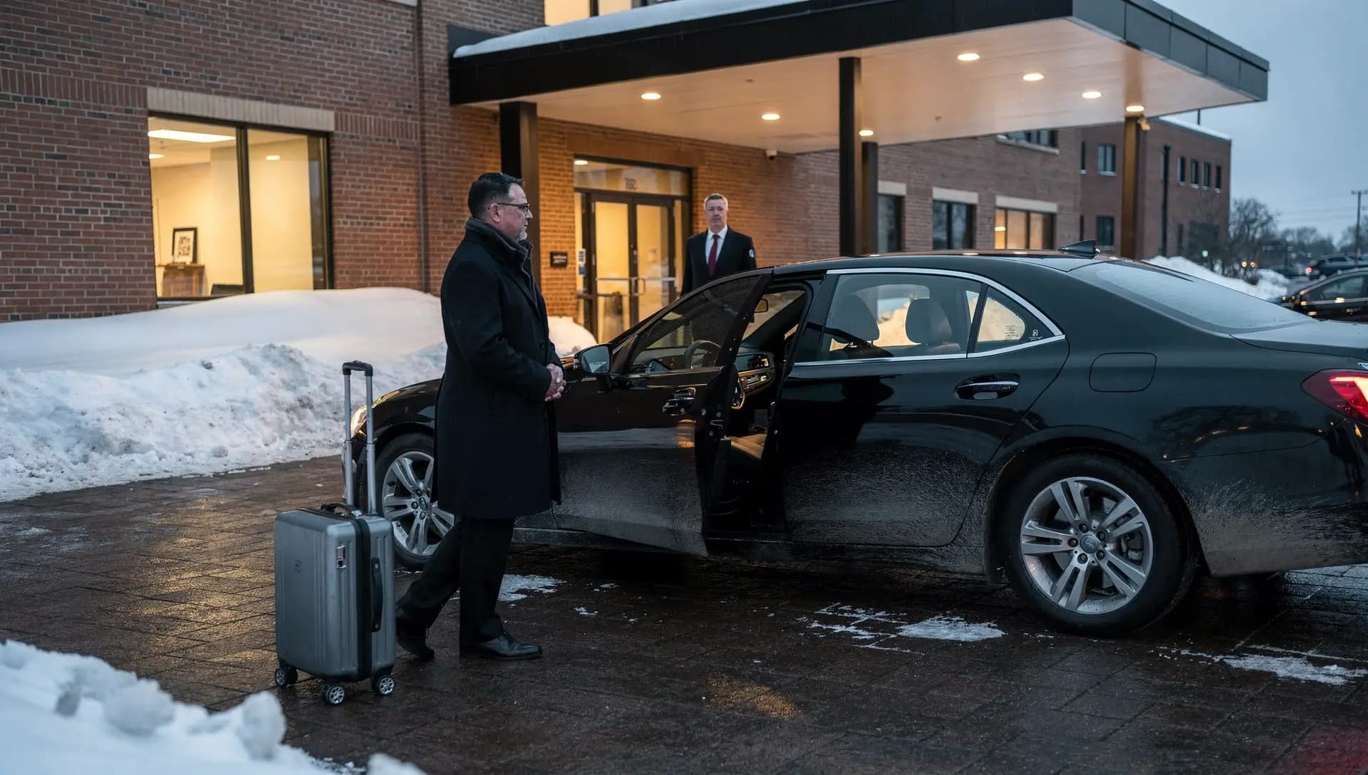 A traveller in an overcoat walks a cabin case toward a black car waiting under a brick office building's canopy at first light, plowed snow banked behind them and a chauffeur at the open rear door.